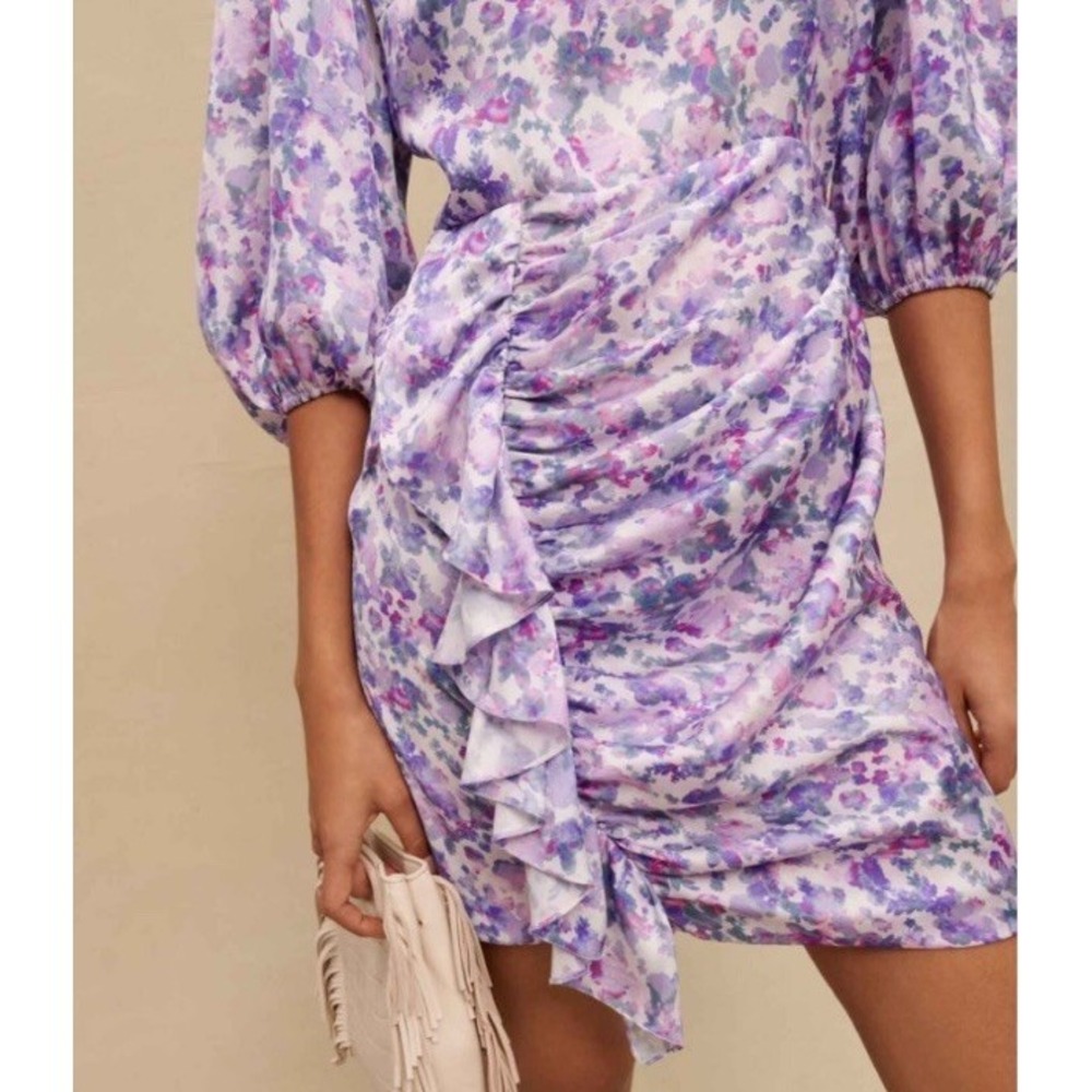 Maje Ruvard Women Pastel Purple Floral Draped Sheath Mini Dress Sz.40/US 8 M-NWT - Picture 2 of 11